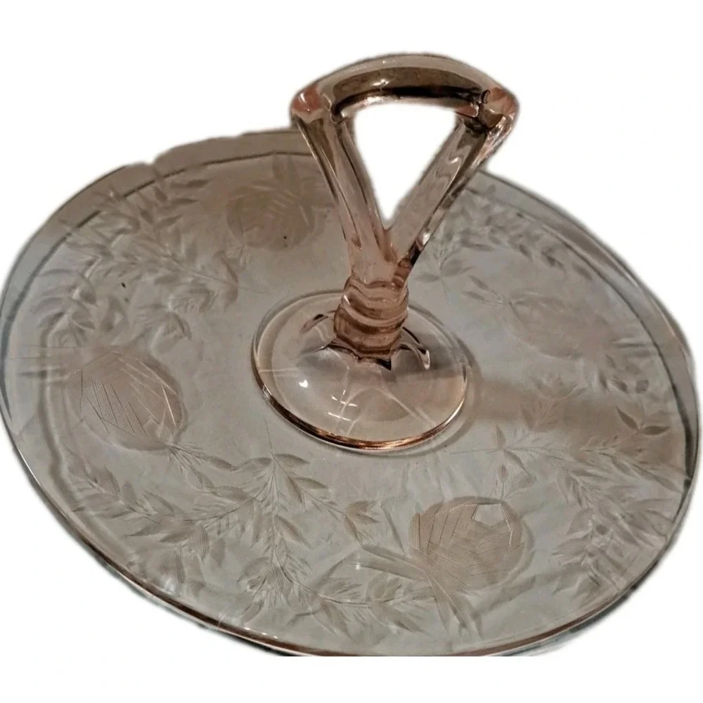 Vintage Pink Depression Glass Etched Rose Server Tray‎ Handle